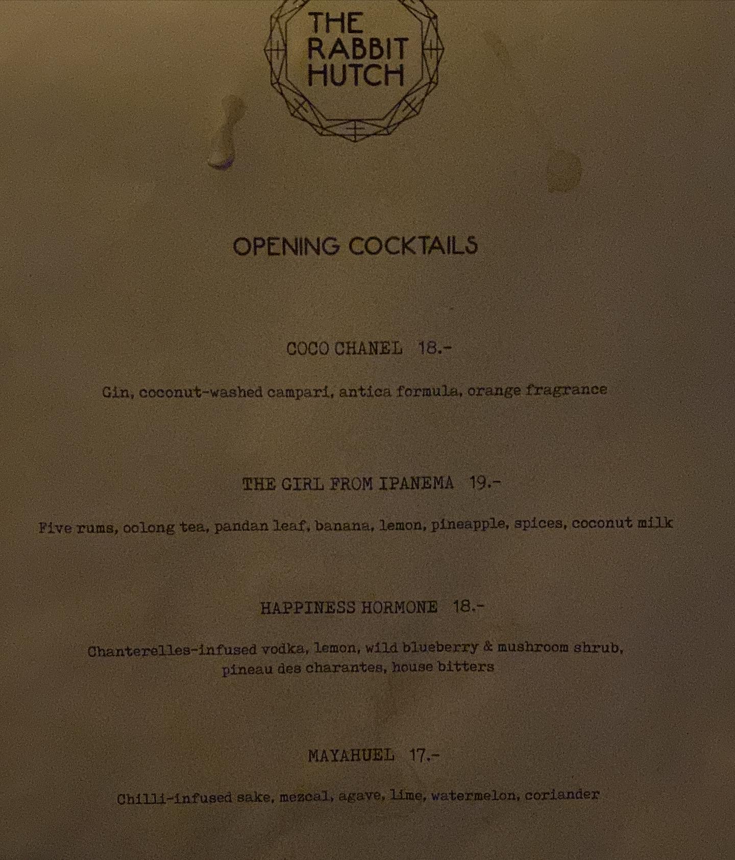 Rabbit hutch cocktail menu verbier 2023